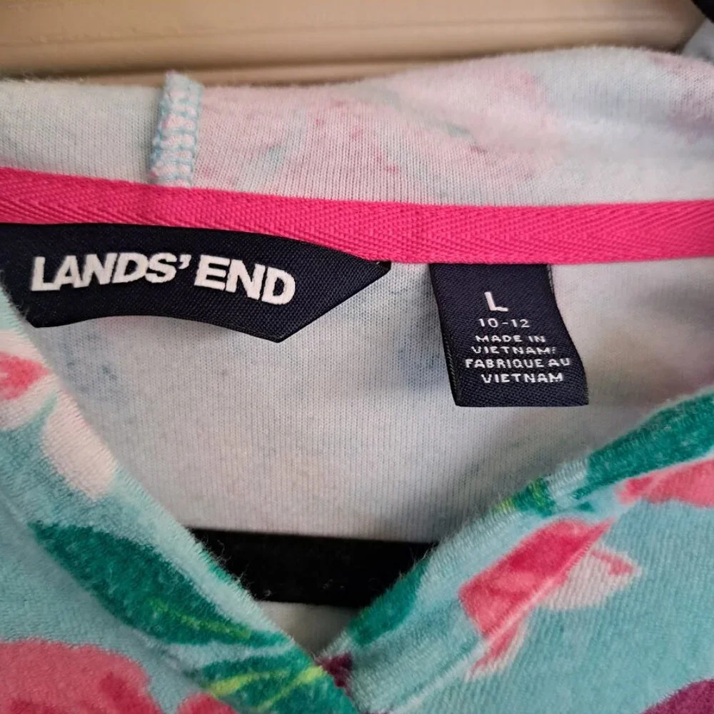 Lands End Girls large Swimsuit cover‎ towel blue  with pink flowers hood pocket